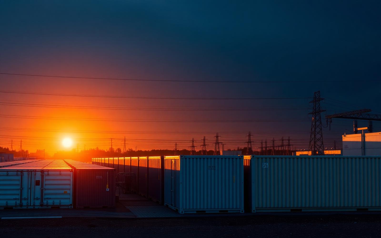 Battery energy storage containers beside transmission infrastructure at sunset