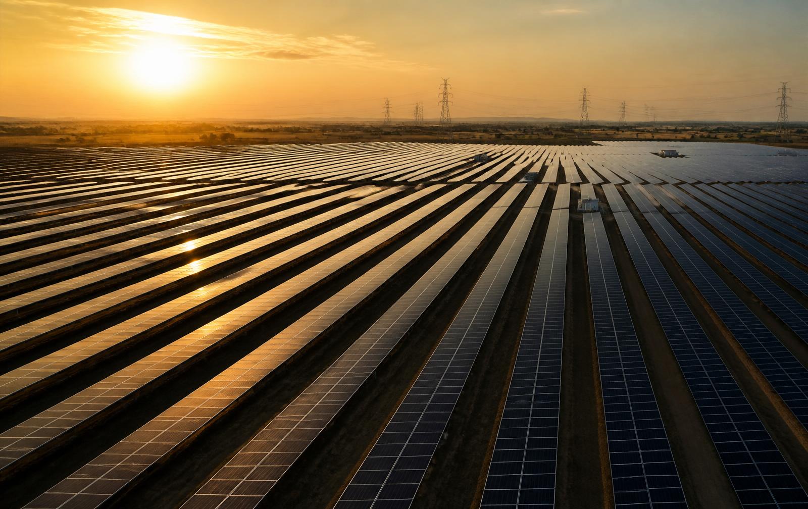 Aerial view of a utility-scale solar farm at golden hour