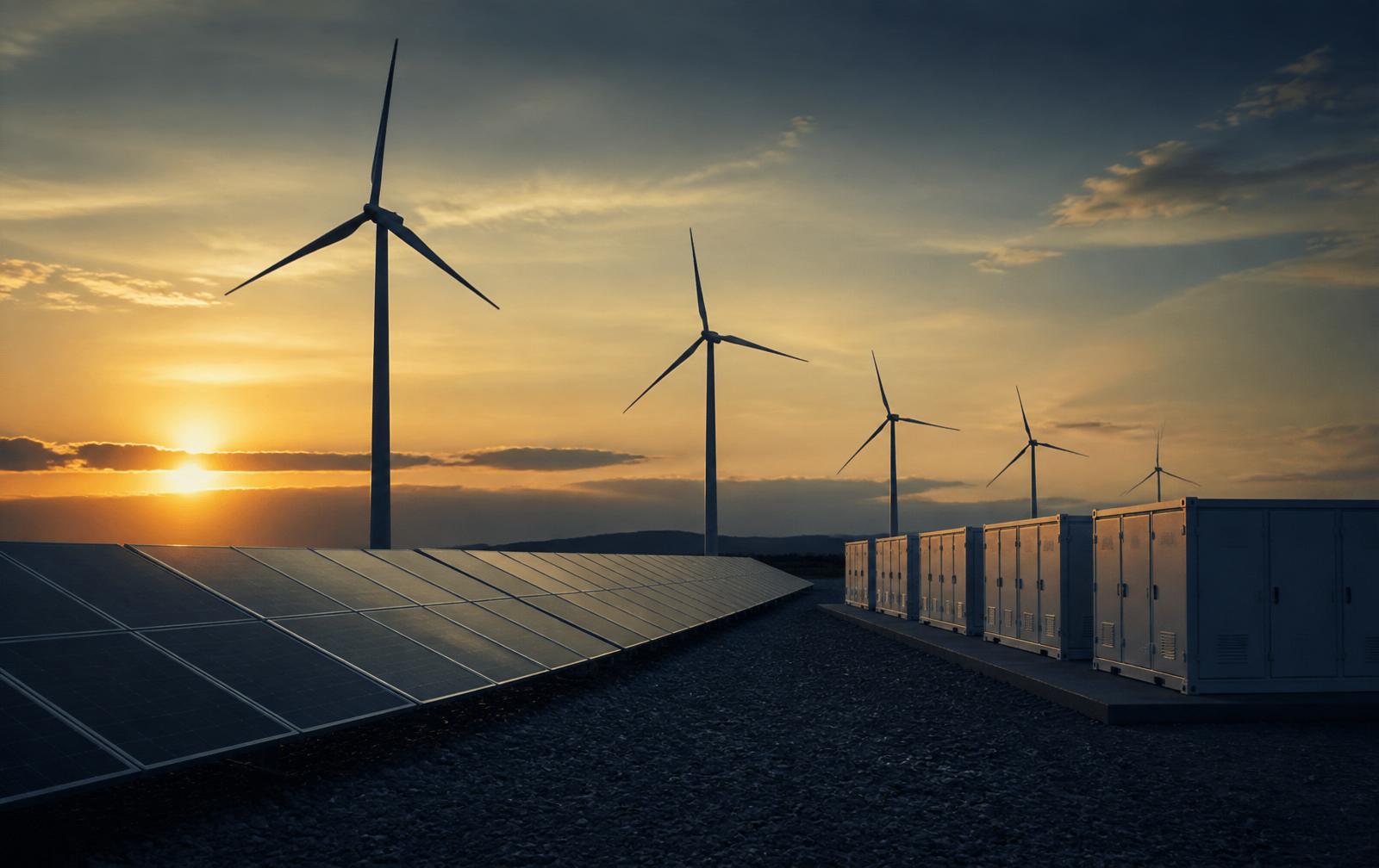 Hybrid renewable site combining wind turbines, solar panels and battery storage
