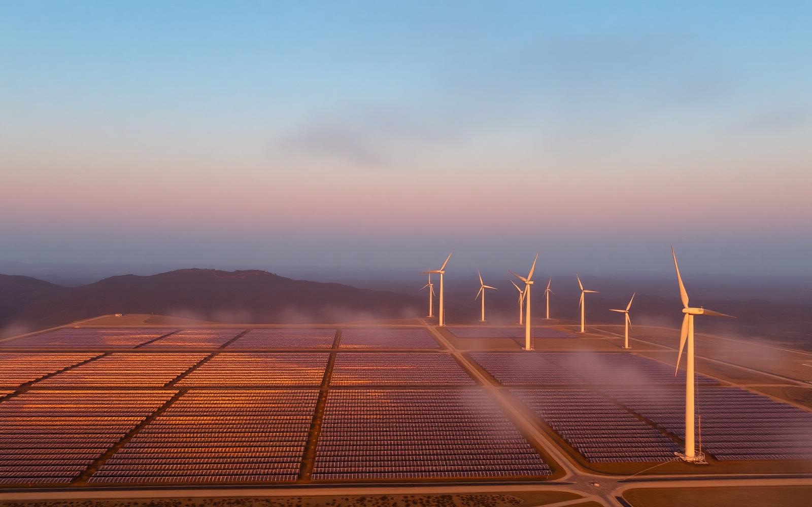 Aerial view of a large utility-scale solar and wind hybrid project at golden hour