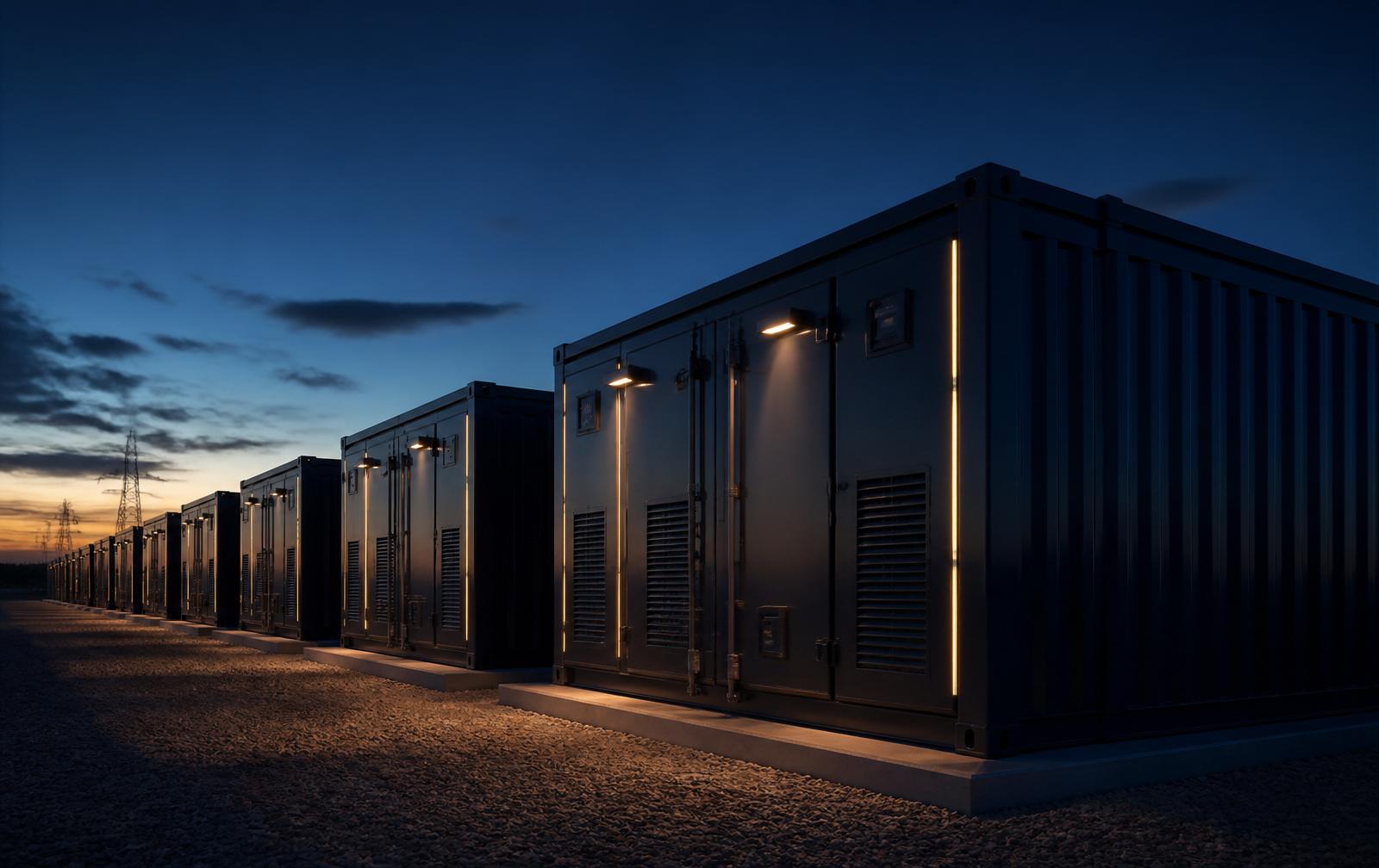 Rows of grid-scale battery energy storage containers at dusk