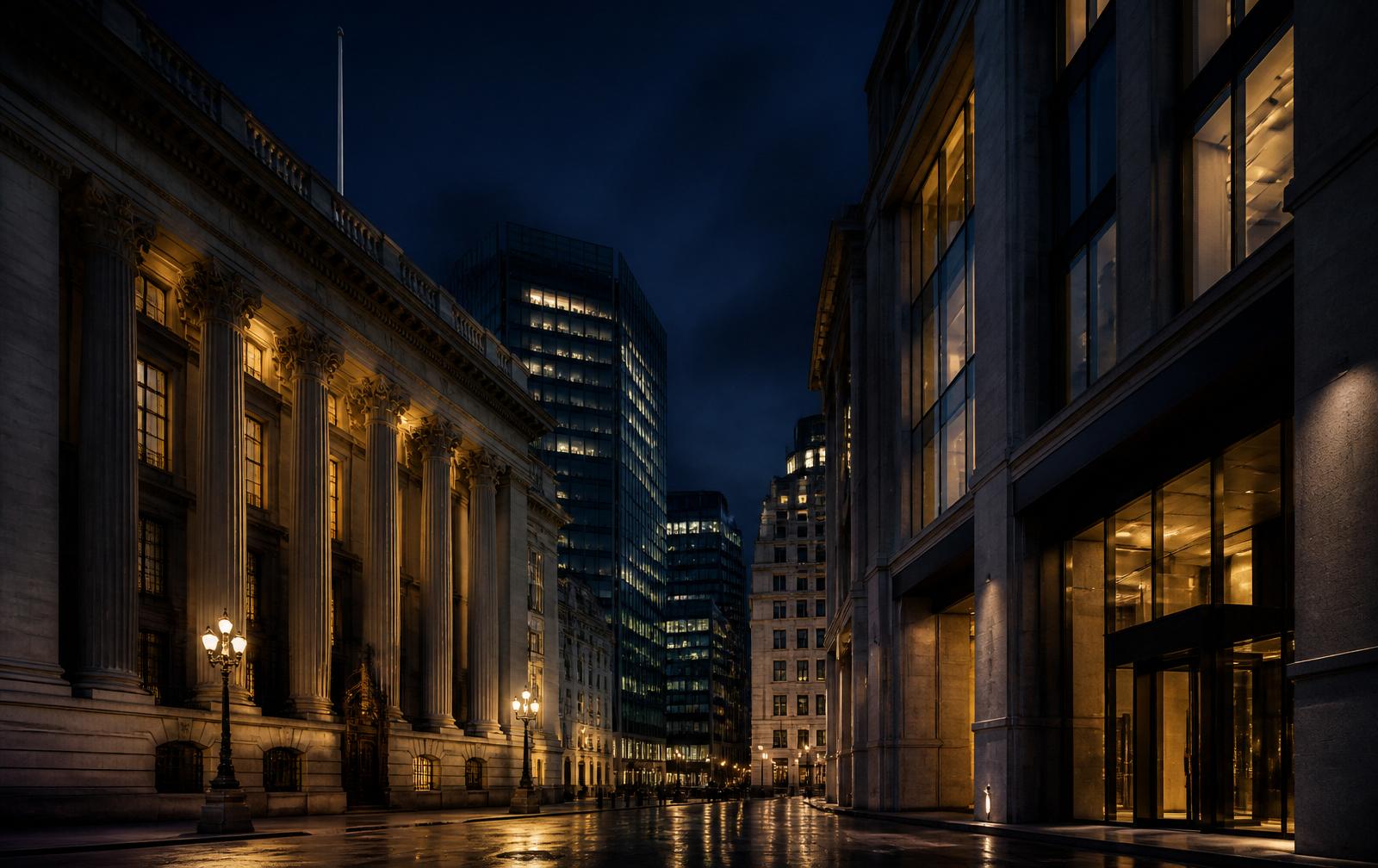 Institutional financial district architecture at dusk