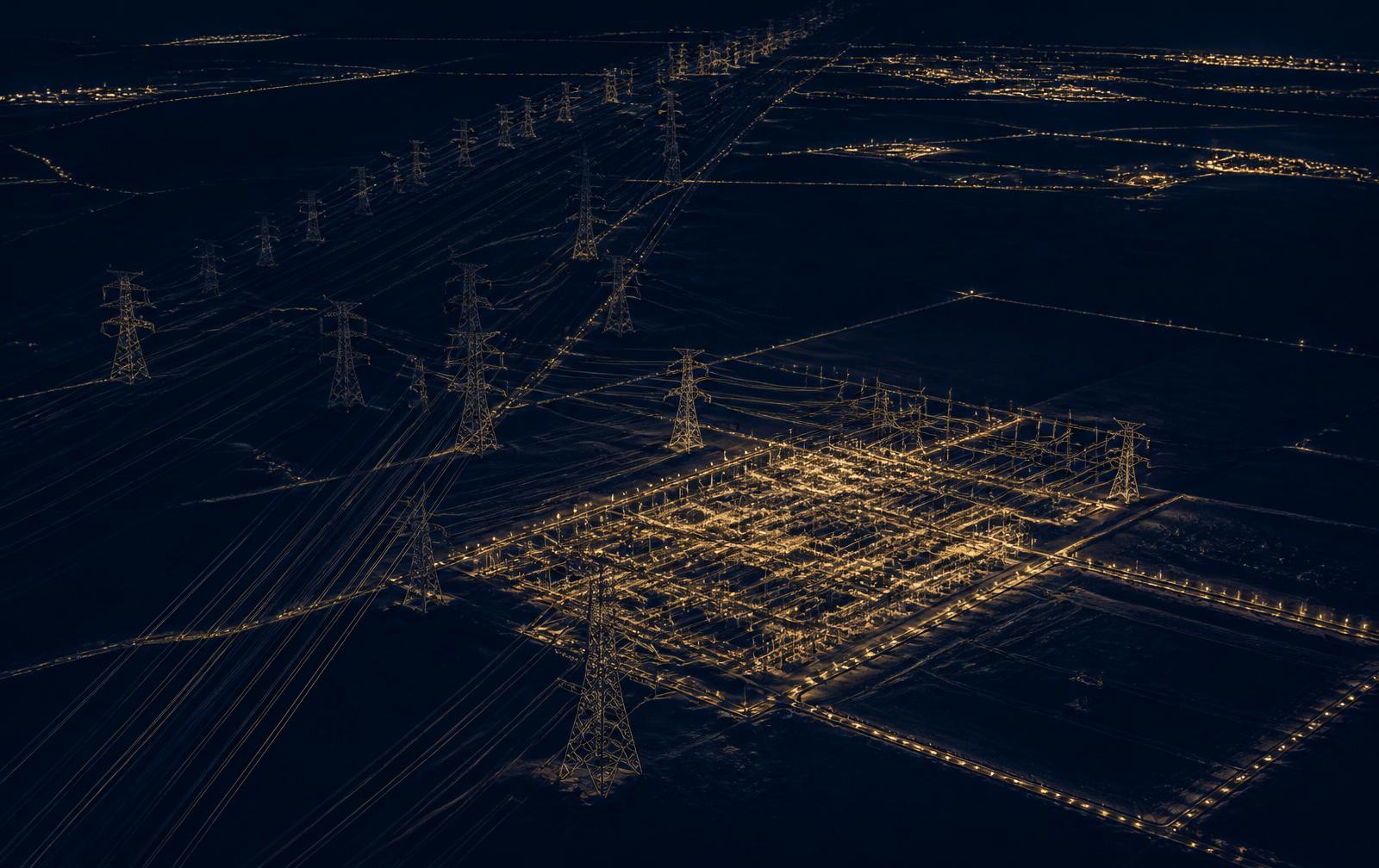 Aerial night view of a transmission corridor converging on a lit substation switchyard