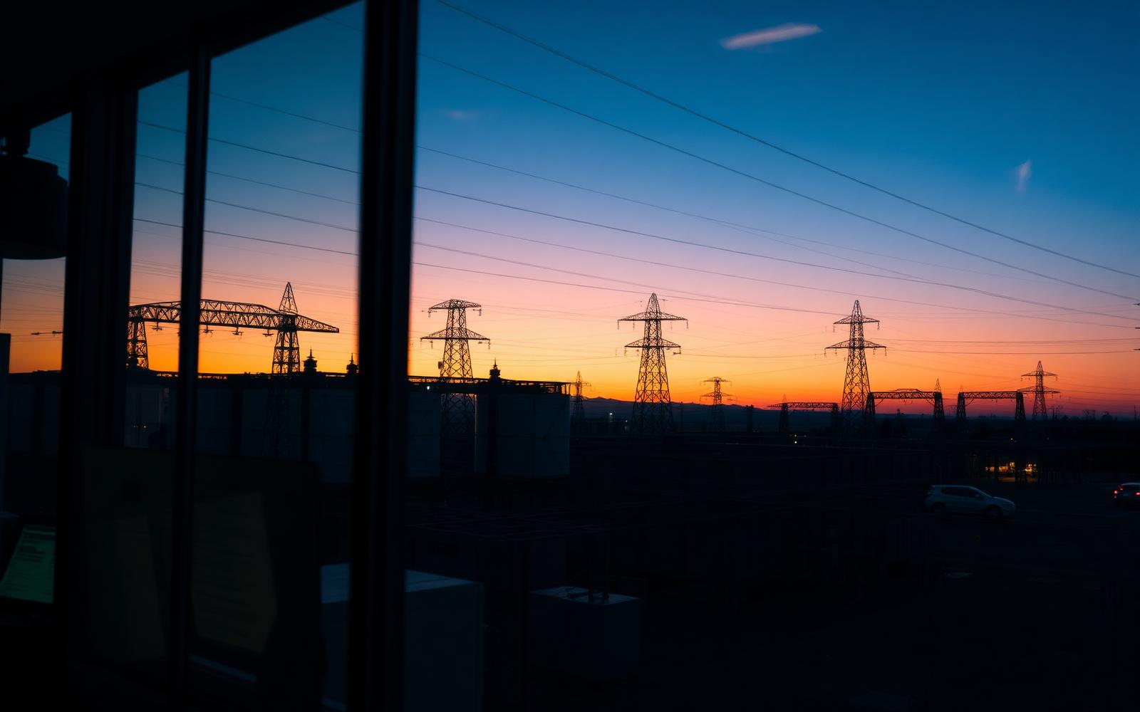 Transmission pylons and substation silhouetted against a golden dusk sky