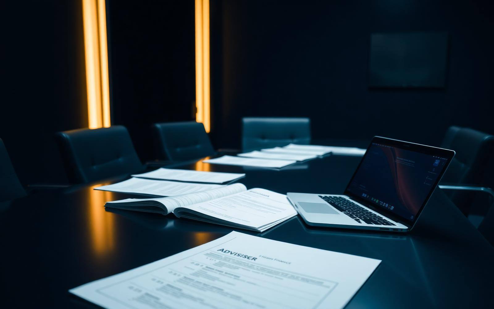 Transaction documents on a conference table under low light.