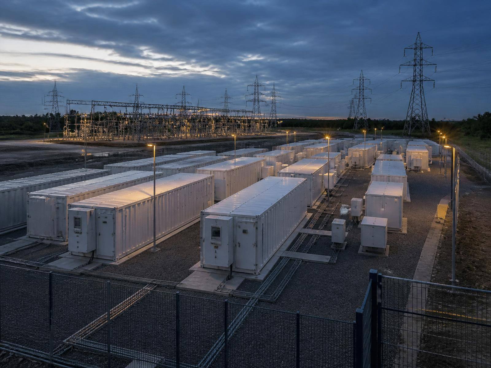 Rows of containerised battery energy storage units at dusk next to a lit transmission substation.