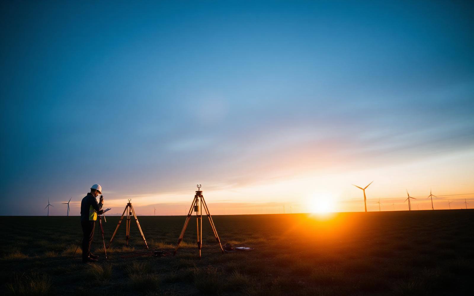 Developer surveying an early-stage renewable project site at dawn.