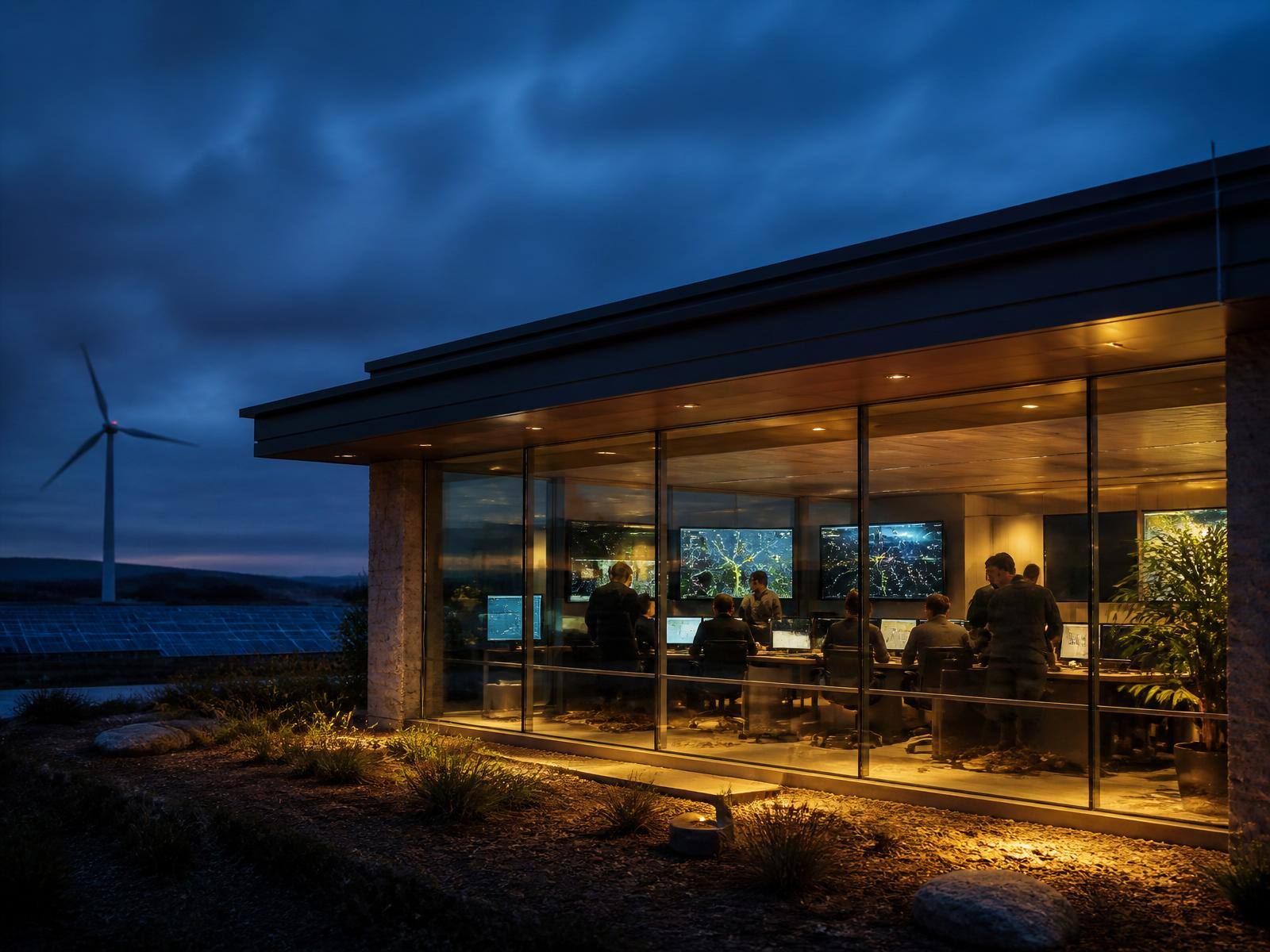 Modern renewable energy operations centre at blue hour with teams monitoring dashboards behind glass.