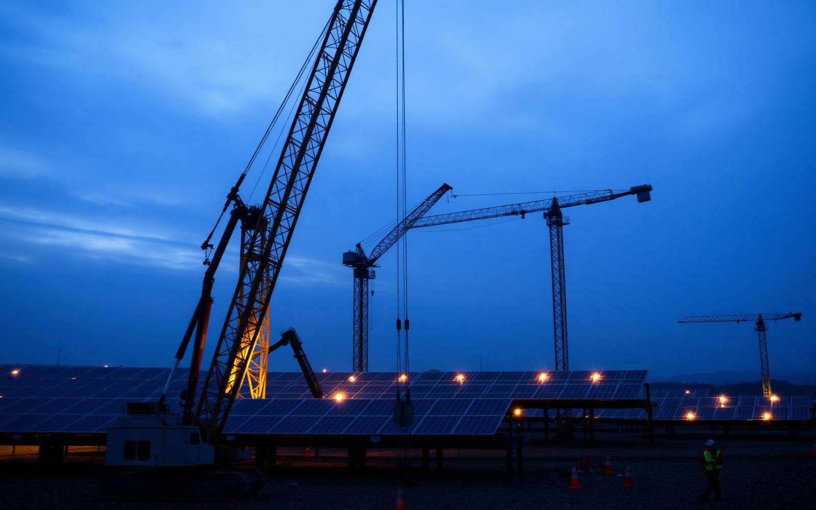 Construction cranes over a solar site at dawn.