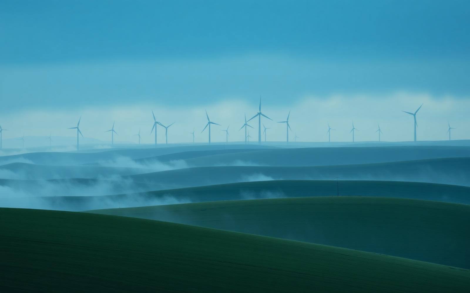 Onshore wind turbines across rolling European hills at blue hour.