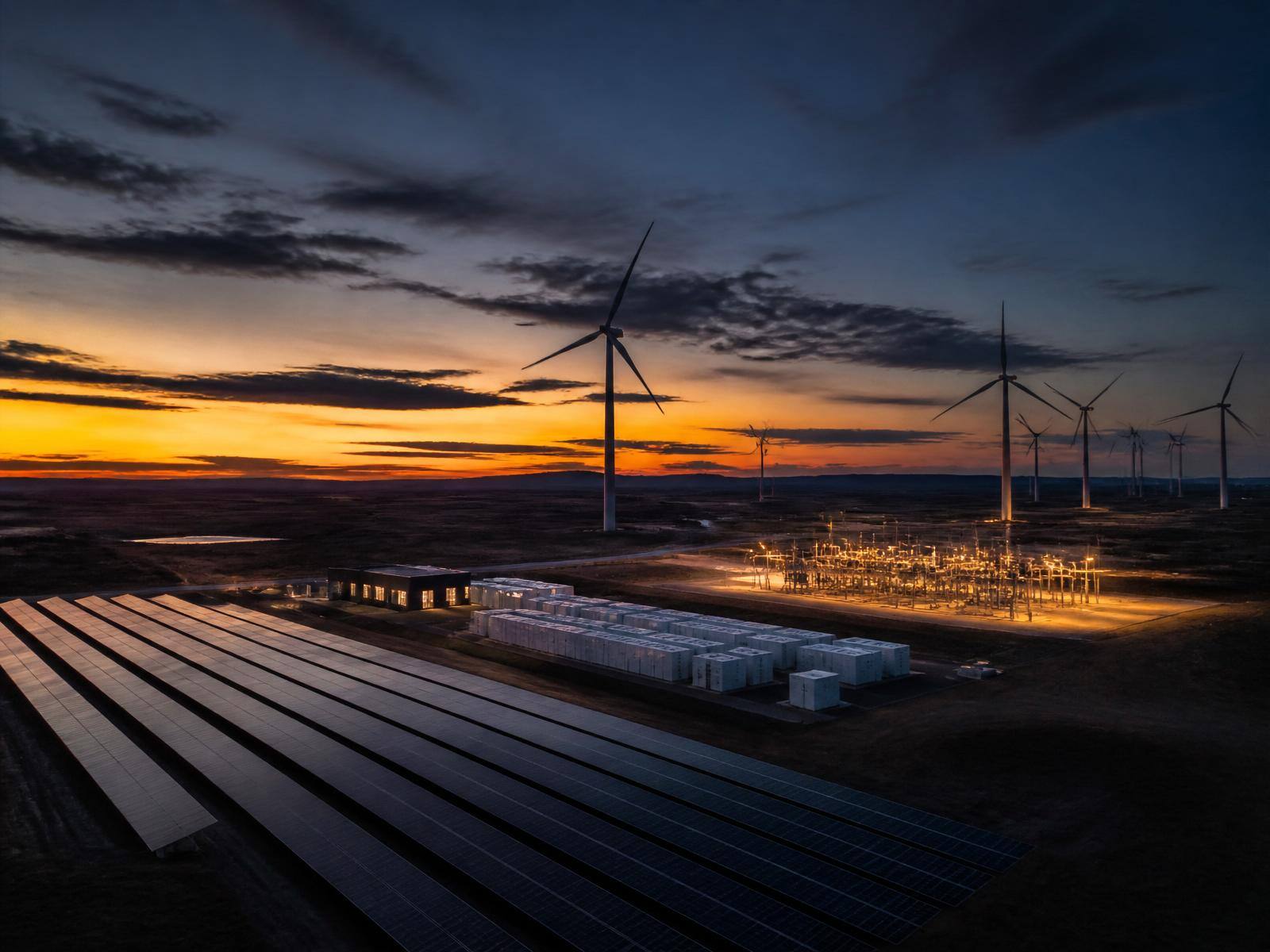 A firm renewable complex at dusk combining solar panels, wind turbines and a lit battery storage substation.
