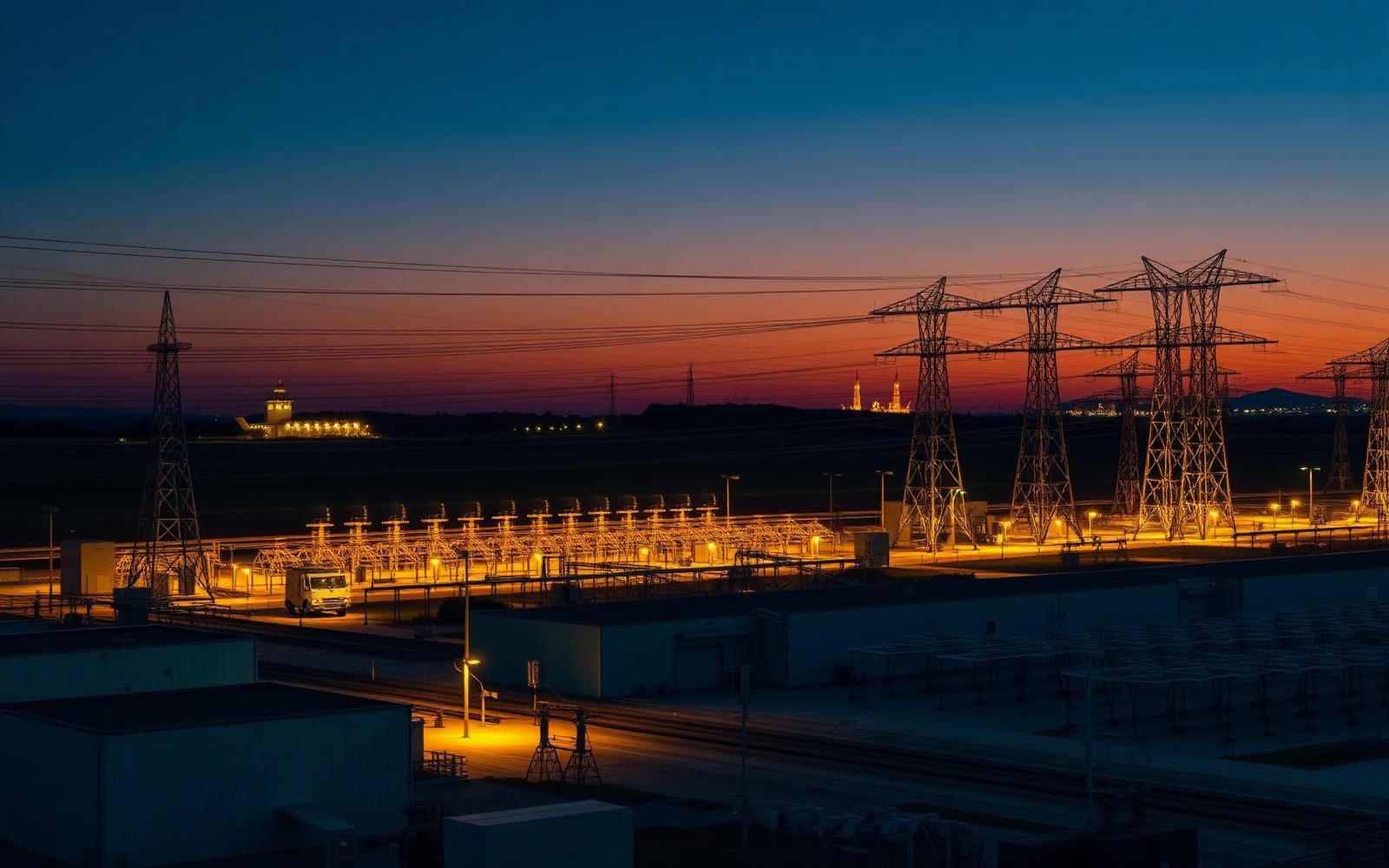 High-voltage substation and transmission corridor at dusk.