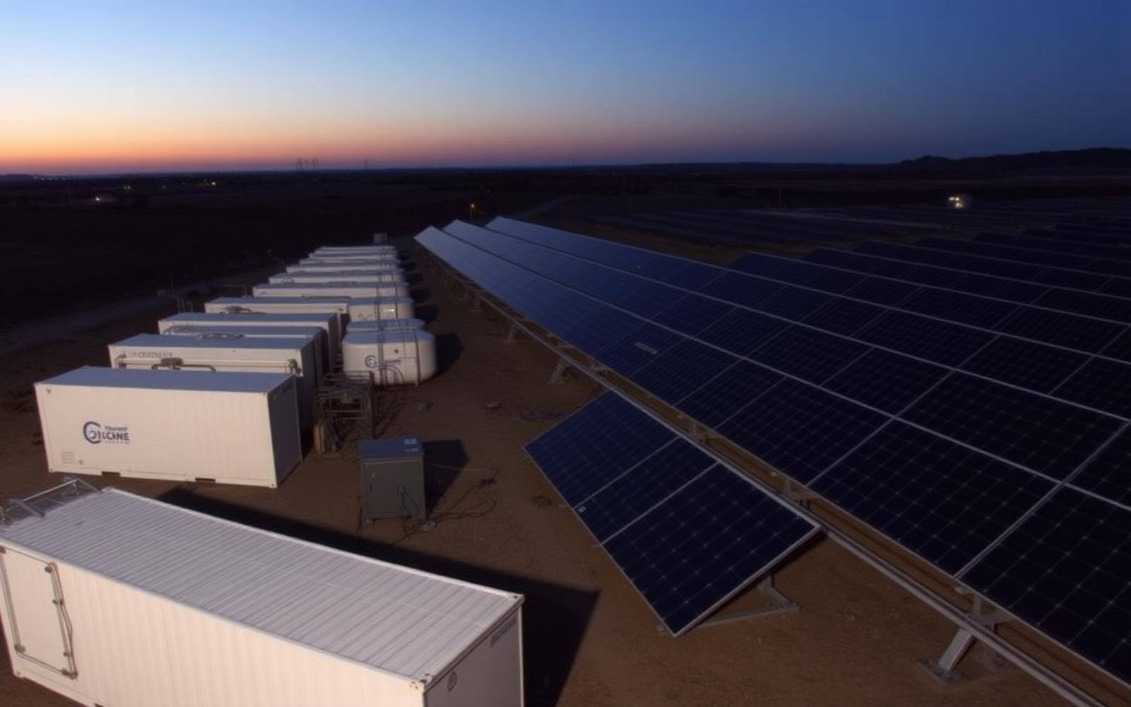 Solar array beside battery storage containers at dusk.