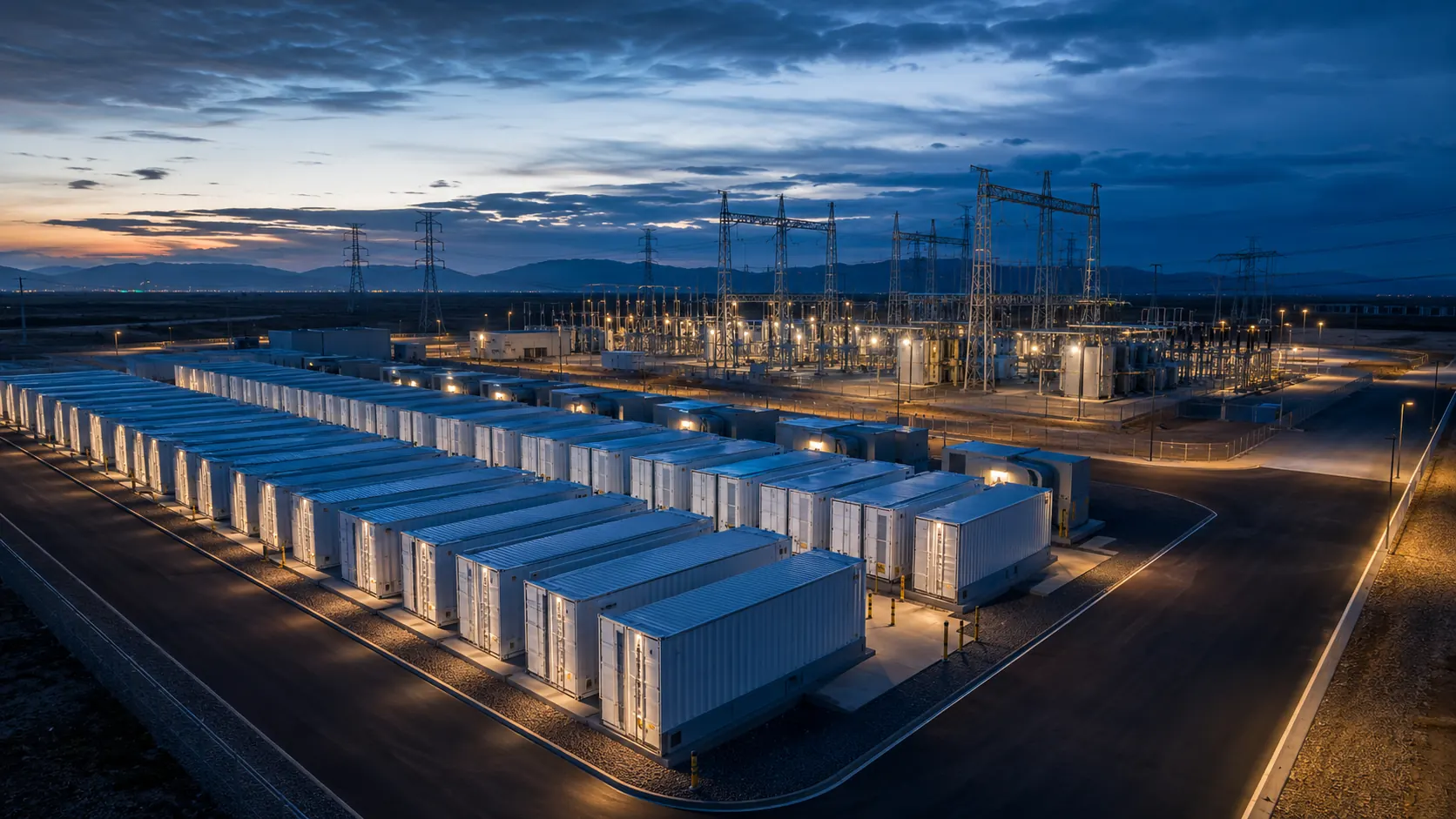 Utility-scale battery energy storage containers alongside a high-voltage substation at dusk.