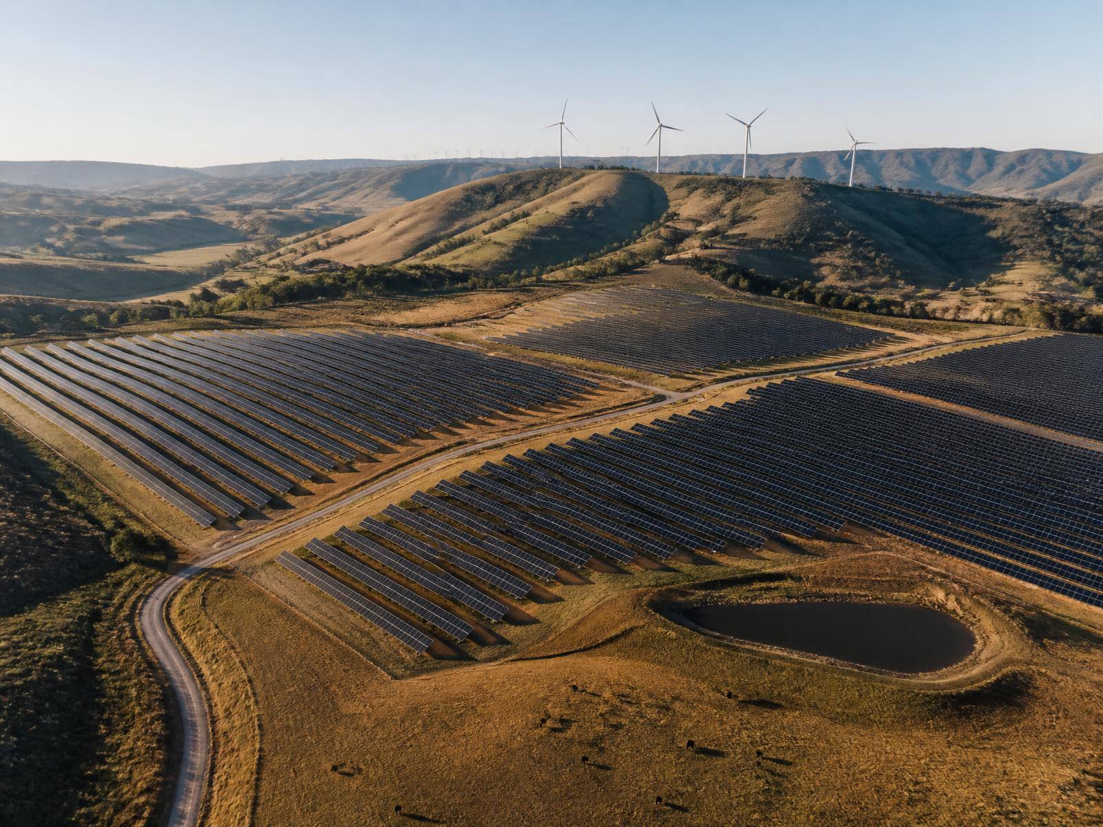 Aerial view of a mature operating solar plant in rolling terrain with wind turbines on the ridge behind.