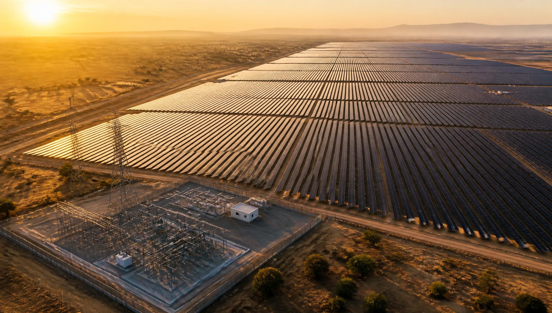 Utility-scale solar array in India with an adjacent high-voltage substation at golden hour.