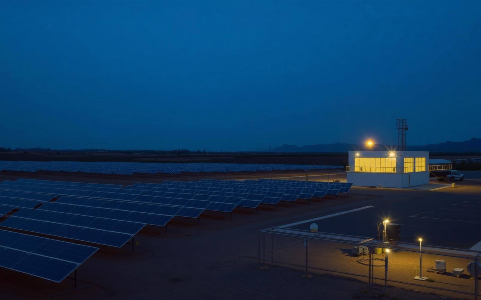 Operating solar plant and control building at blue hour.