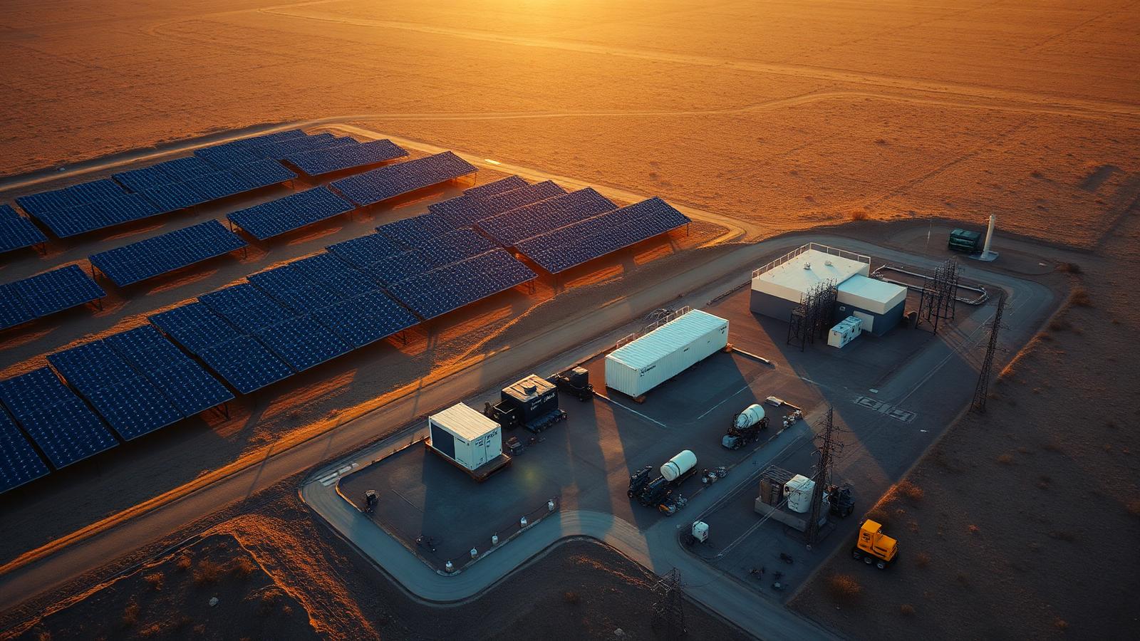 Solar field with co-located battery storage containers at dusk