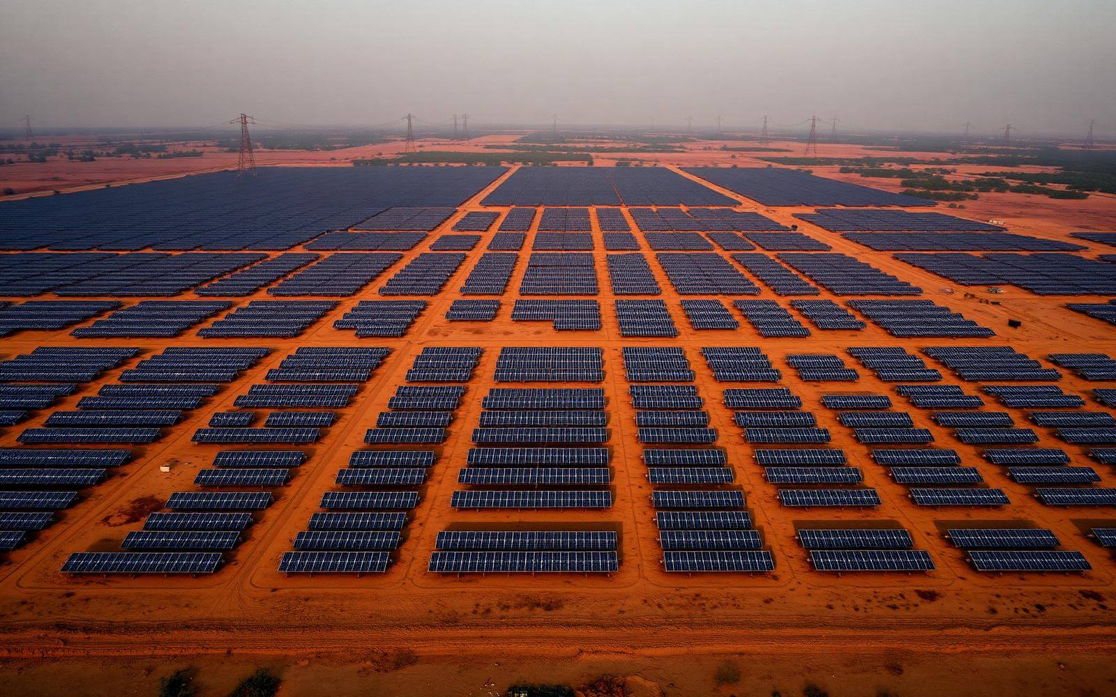 Aerial view of a utility-scale solar program in India at golden hour.