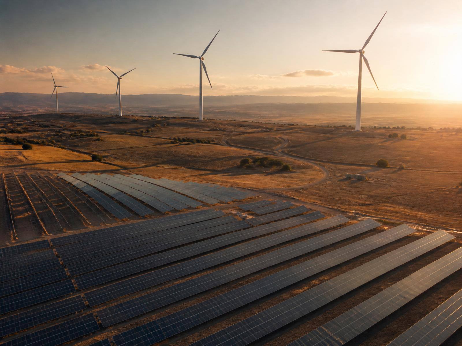 Aerial photograph of a co-located solar array with wind turbines rising in the background at sunset.