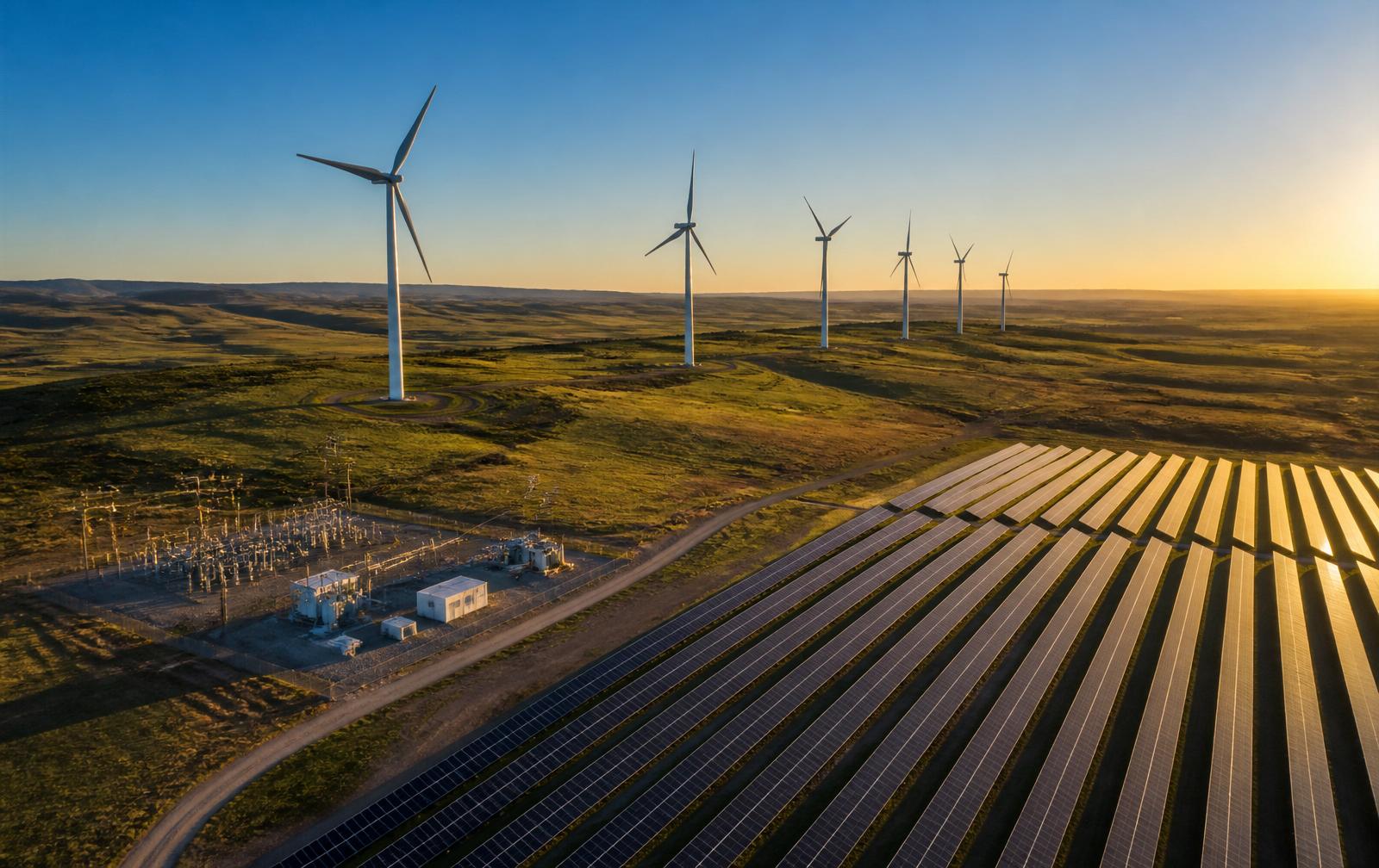Aerial view of a combined solar, wind and substation site in the United States.