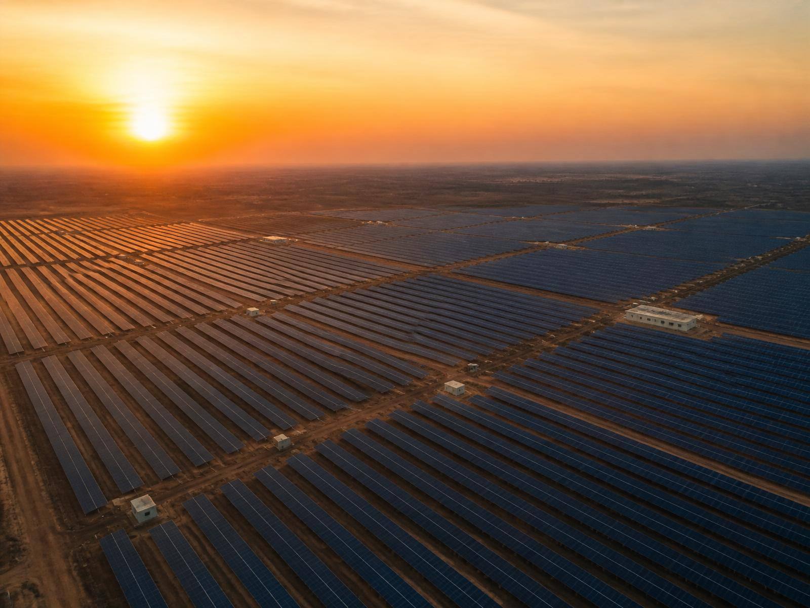 Aerial view of a utility-scale solar photovoltaic farm at golden hour with rows of panels stretching to the horizon.
