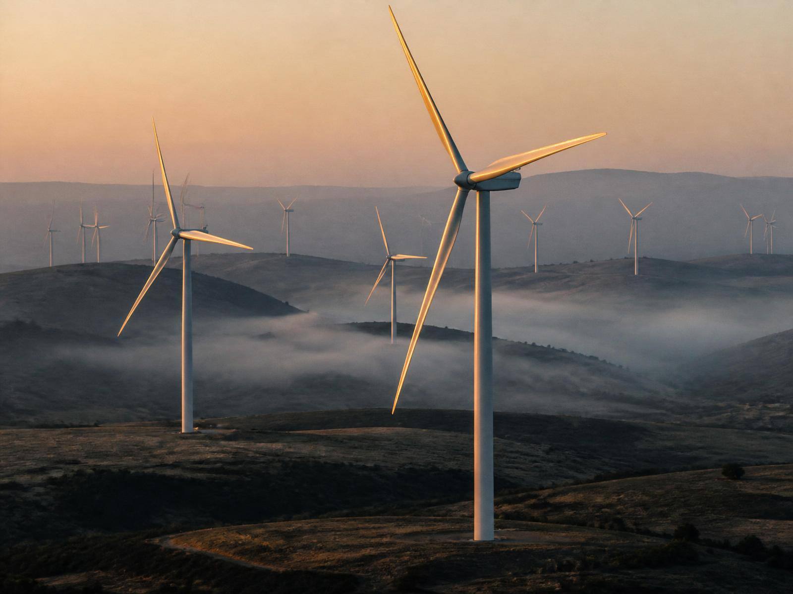 Onshore wind turbines at dawn rising above misty ridges with warm sunlight on the blade tips.